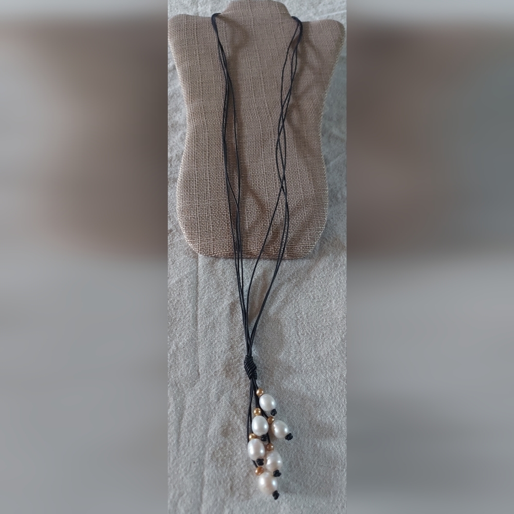 Handmade White & Gold Pearl And Black Leather 3 String Necklace